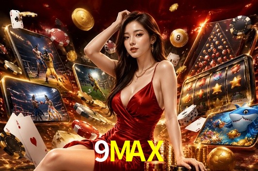 Una escena digital vívida inspirada en casino con 9MAX mostrado prominentemente, luces brillantes, fichas, cartas y acentos dorados.
