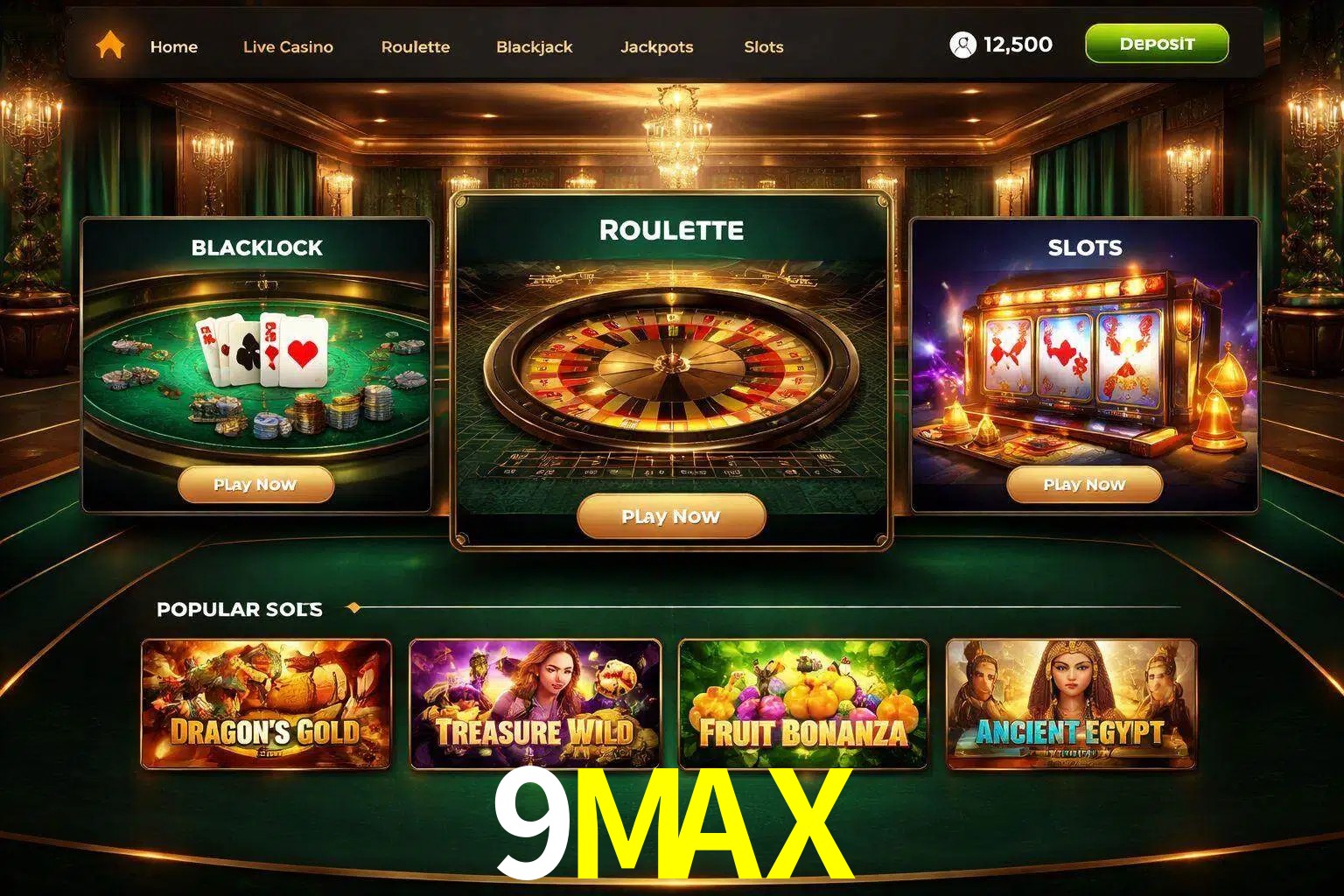 Vista de la plataforma 9MAX Casino mostrando categorías organizadas de juegos en línea
