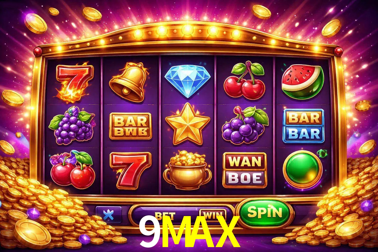Una interfaz colorida de tragamonedas en línea con símbolos brillantes, monedas y un efecto de victoria celebratoria en 9MAX.